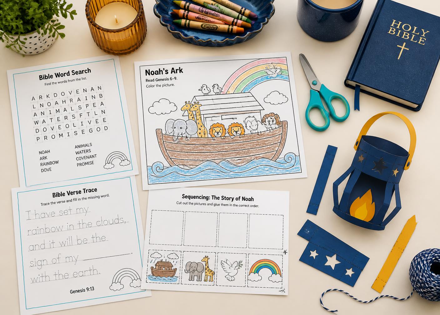 A child's craft table with printable Bible worksheets, crayons and a paper lantern craft